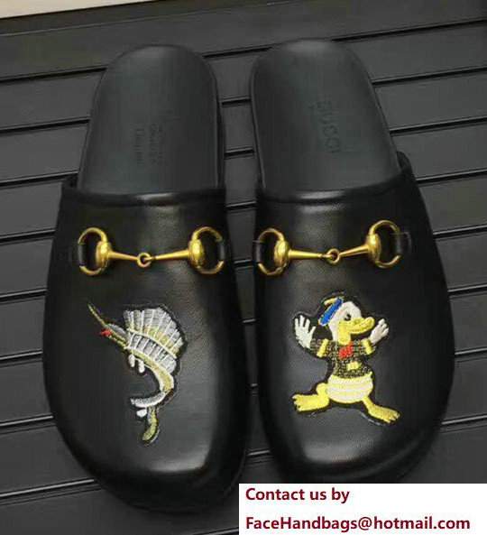 Gucci & Disney Horsebit Detail Embroidered Leather Men's Slipper 459090 Black 2017 - Click Image to Close